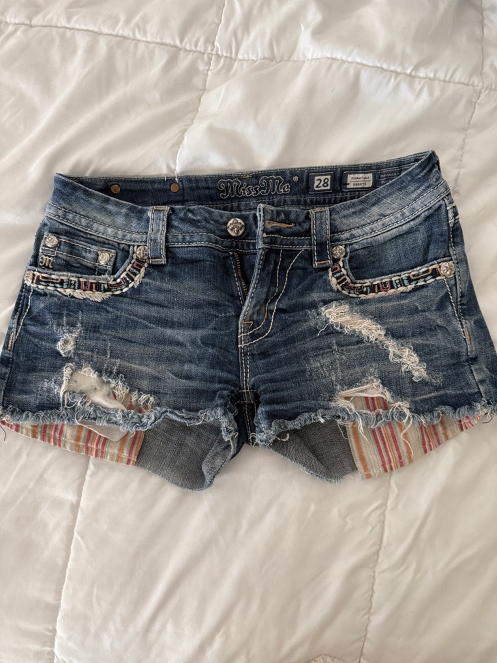 Miss Me Blue Distressed Denim Low Rise Shorts with Striped Lining